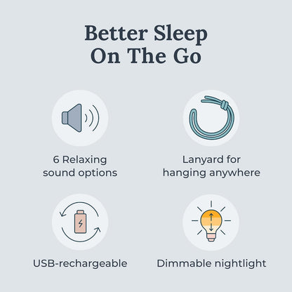 Travel Mini Portable White Noise Sound Machine, 6 Soothing Sounds, Volume Control, Dimmable Night Light, Sleep Therapy for Adults & Baby, USB Rechargeable, Lanyard Included