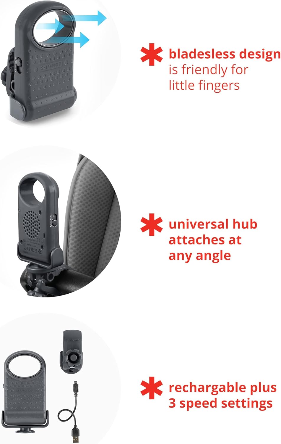 Portable Bladeless Stroller Fan, Adjustable 3 Speeds, Stroll & Connect, Grey