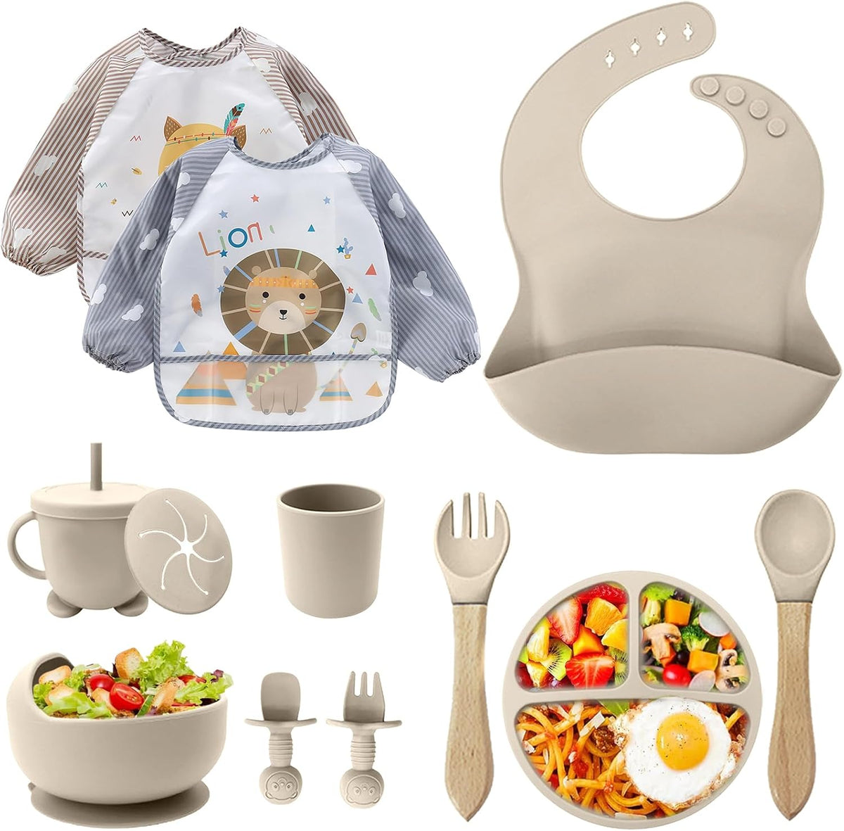 Silicone Baby Feeding Set, Toddler Feeding Set 12 Pcs, Suction Bowl and Baby Plate, Silicone Bib,Spoon,Fork & Sippy Cup,BPA Free Weaning Set, Baby Cutlery,Baby Gifts & Presents (Green)