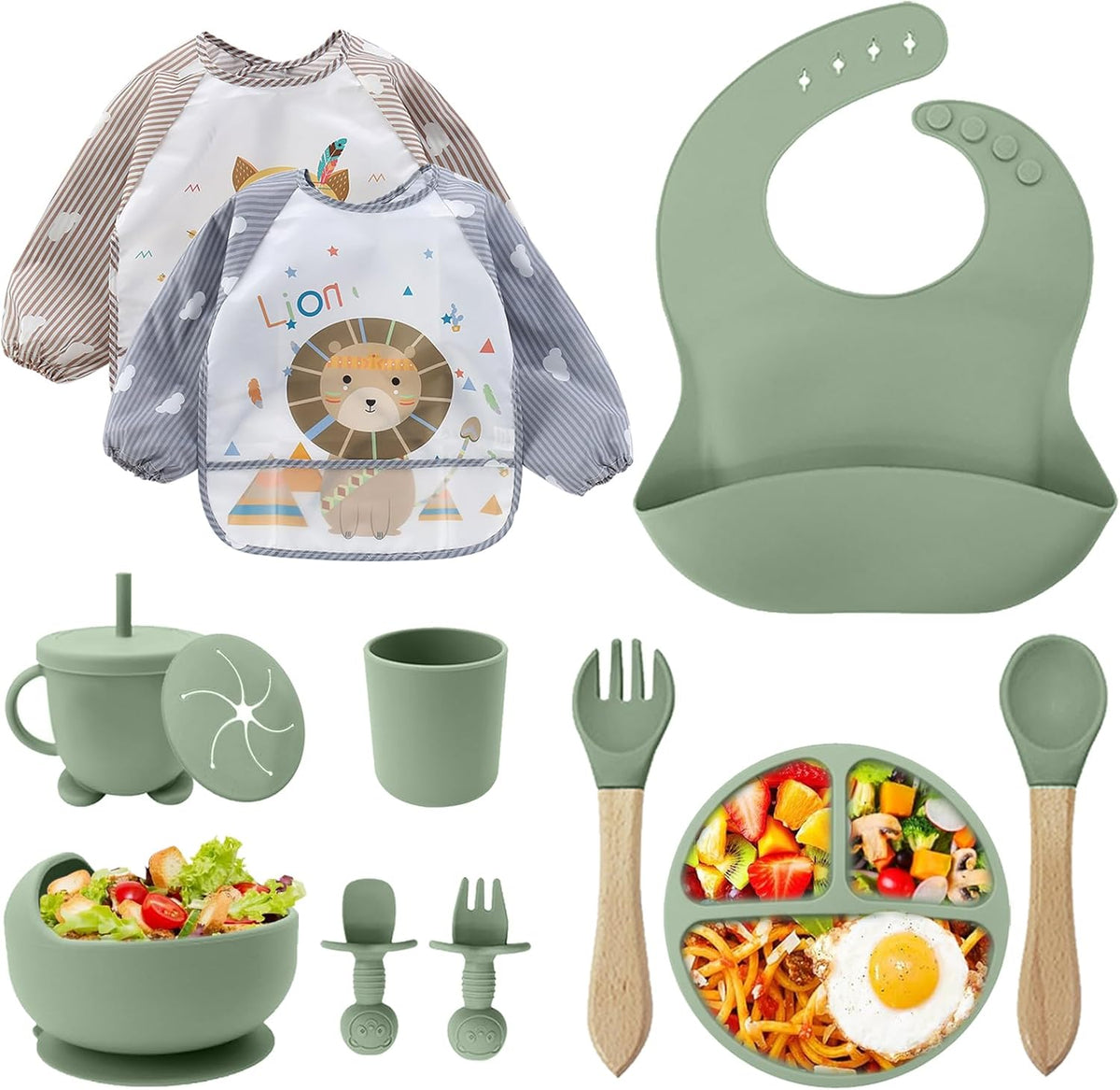Silicone Baby Feeding Set, Toddler Feeding Set 12 Pcs, Suction Bowl and Baby Plate, Silicone Bib,Spoon,Fork & Sippy Cup,BPA Free Weaning Set, Baby Cutlery,Baby Gifts & Presents (Green)
