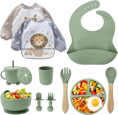Silicone Baby Feeding Set, Toddler Feeding Set 12 Pcs, Suction Bowl and Baby Plate, Silicone Bib,Spoon,Fork & Sippy Cup,BPA Free Weaning Set, Baby Cutlery,Baby Gifts & Presents (Green)