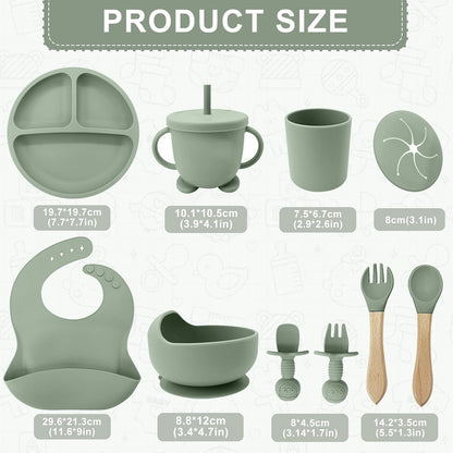 Silicone Baby Feeding Set, Toddler Feeding Set 12 Pcs, Suction Bowl and Baby Plate, Silicone Bib,Spoon,Fork & Sippy Cup,BPA Free Weaning Set, Baby Cutlery,Baby Gifts & Presents (Green)