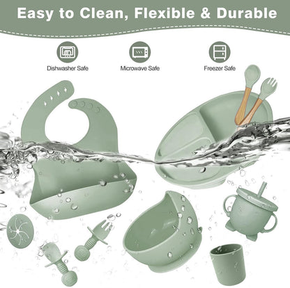 Silicone Baby Feeding Set, Toddler Feeding Set 12 Pcs, Suction Bowl and Baby Plate, Silicone Bib,Spoon,Fork & Sippy Cup,BPA Free Weaning Set, Baby Cutlery,Baby Gifts & Presents (Green)