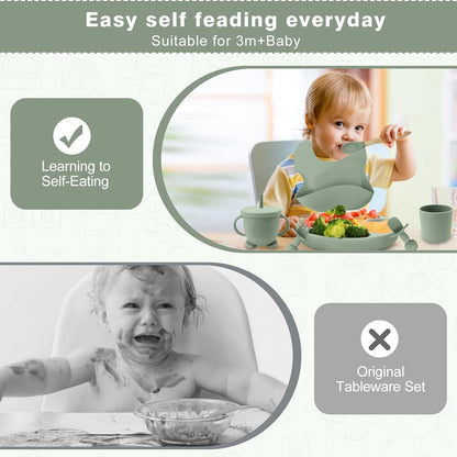 Silicone Baby Feeding Set, Toddler Feeding Set 12 Pcs, Suction Bowl and Baby Plate, Silicone Bib,Spoon,Fork & Sippy Cup,BPA Free Weaning Set, Baby Cutlery,Baby Gifts & Presents (Green)