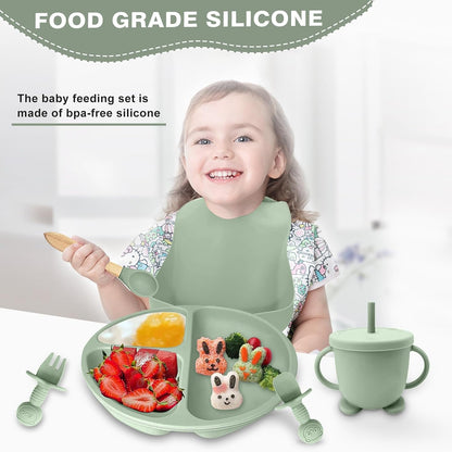 Silicone Baby Feeding Set, Toddler Feeding Set 12 Pcs, Suction Bowl and Baby Plate, Silicone Bib,Spoon,Fork & Sippy Cup,BPA Free Weaning Set, Baby Cutlery,Baby Gifts & Presents (Green)