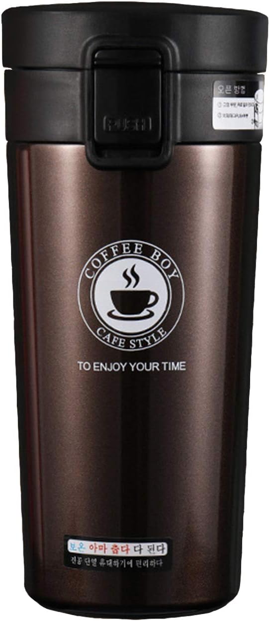 Vacuum-Insulated Travel Coffee Mug, 13 Oz/380Ml, Double-Wall Stainless Steel Spill-Proof Coffee Mug with Bouncing Lid (Brown)