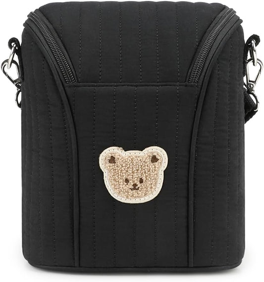 Embroidered Bear Stroller Organizer Tote Bag, Bottle Insulation Pouch, Portable Cooler Storage Essential for Milk/Breast Pump,Baby Travel Supplies (Blue)
