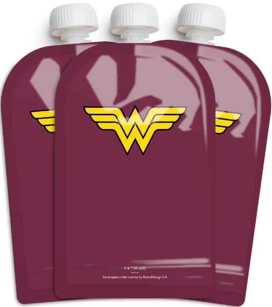 DC Comic Food Pouch 180 ml / 6 Fl Oz - Squeeze Pouches for Baby, Reusable, Sustainable, Leak-Proof Design, Double Zip-Lock, BPA-Free - Pack of 3
