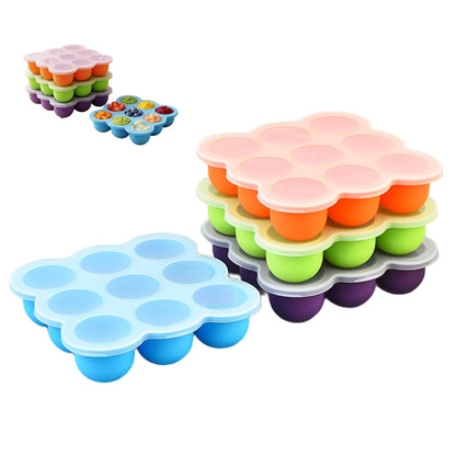 Baby Food Freezer Tray, 4-Pack Silicone Baby Food Freezer Tray with Lids, 9-Cell Flexible Ice Cube Mold for Puree, Snacks Storage, Orange Purple Blue Green, Containers