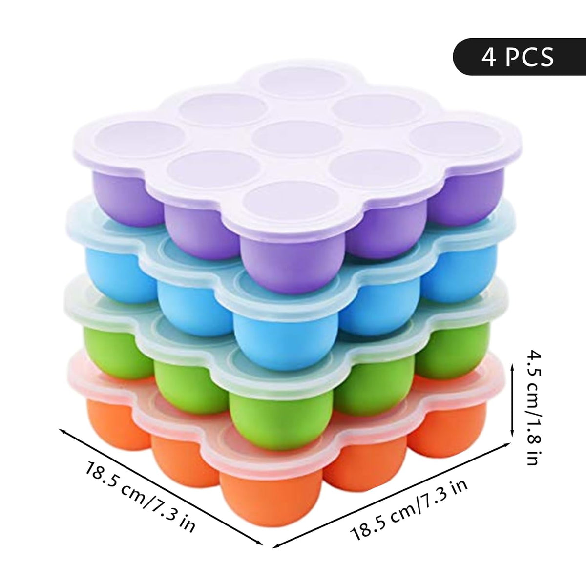 Baby Food Freezer Tray, 4-Pack Silicone Baby Food Freezer Tray with Lids, 9-Cell Flexible Ice Cube Mold for Puree, Snacks Storage, Orange Purple Blue Green, Containers