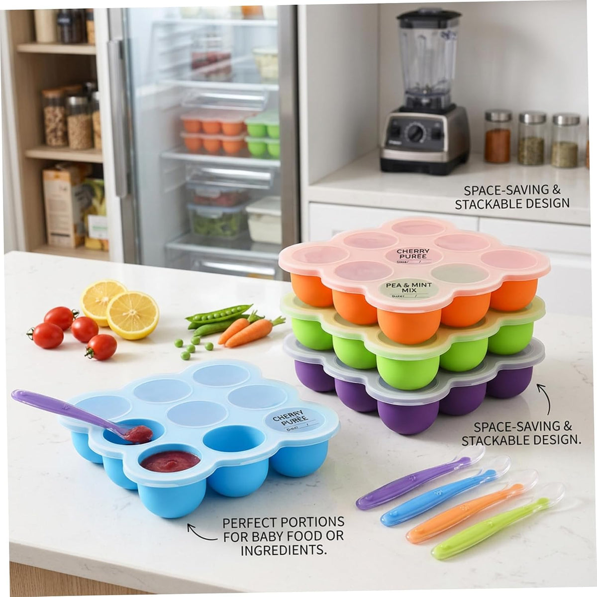 Baby Food Freezer Tray, 4-Pack Silicone Baby Food Freezer Tray with Lids, 9-Cell Flexible Ice Cube Mold for Puree, Snacks Storage, Orange Purple Blue Green, Containers