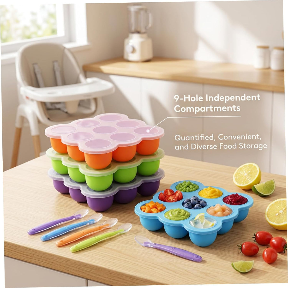 Baby Food Freezer Tray, 4-Pack Silicone Baby Food Freezer Tray with Lids, 9-Cell Flexible Ice Cube Mold for Puree, Snacks Storage, Orange Purple Blue Green, Containers