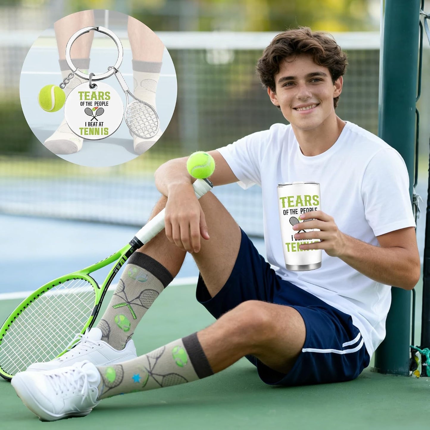 Tennis Gifts for Women Men, Funny Sport Accessories Gift, Includes 20 oz Tumbler Keychain Sock, Birthday Christmas Team Present for Tennis Lovers Players