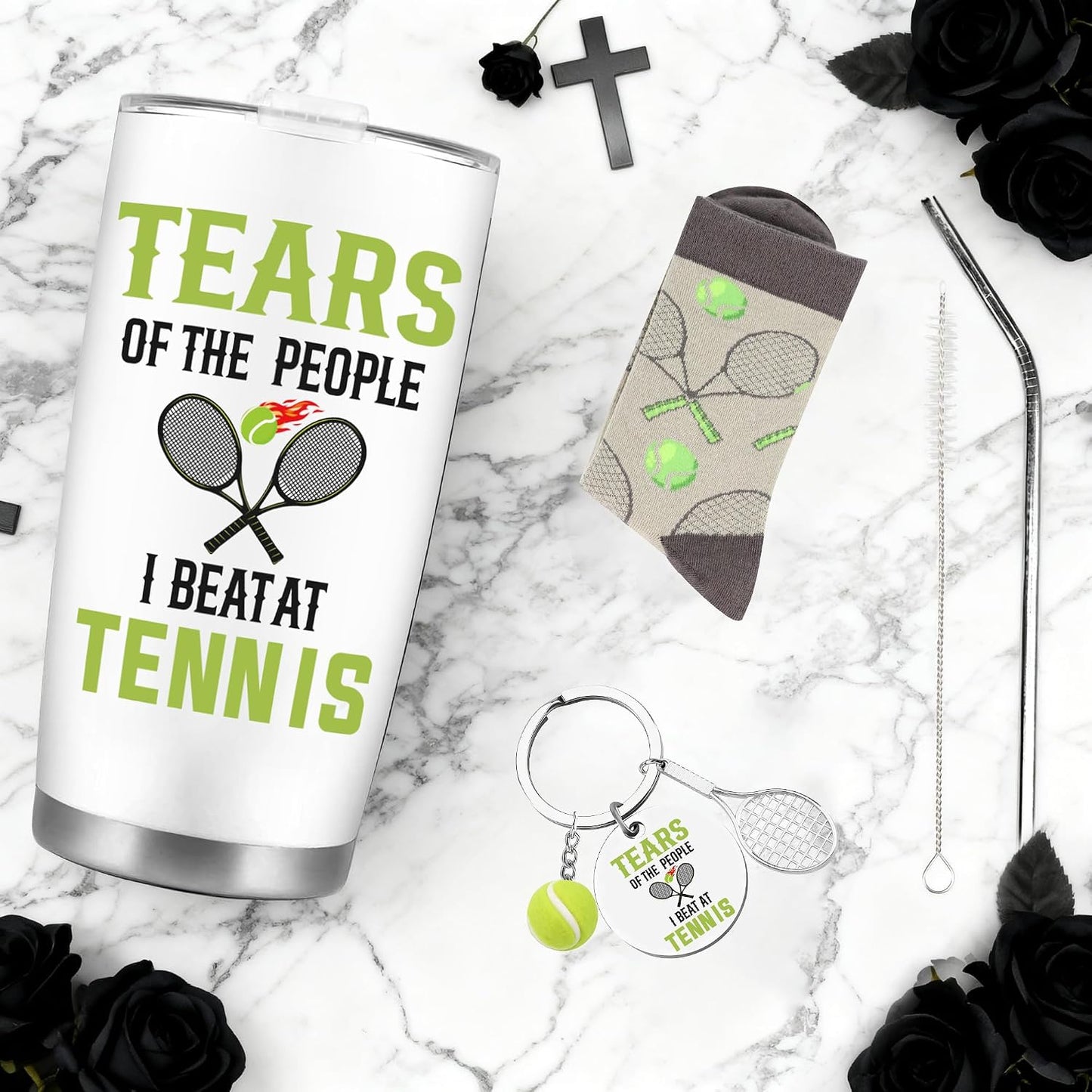 Tennis Gifts for Women Men, Funny Sport Accessories Gift, Includes 20 oz Tumbler Keychain Sock, Birthday Christmas Team Present for Tennis Lovers Players