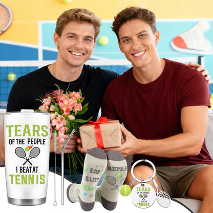 Tennis Gifts for Women Men, Funny Sport Accessories Gift, Includes 20 oz Tumbler Keychain Sock, Birthday Christmas Team Present for Tennis Lovers Players