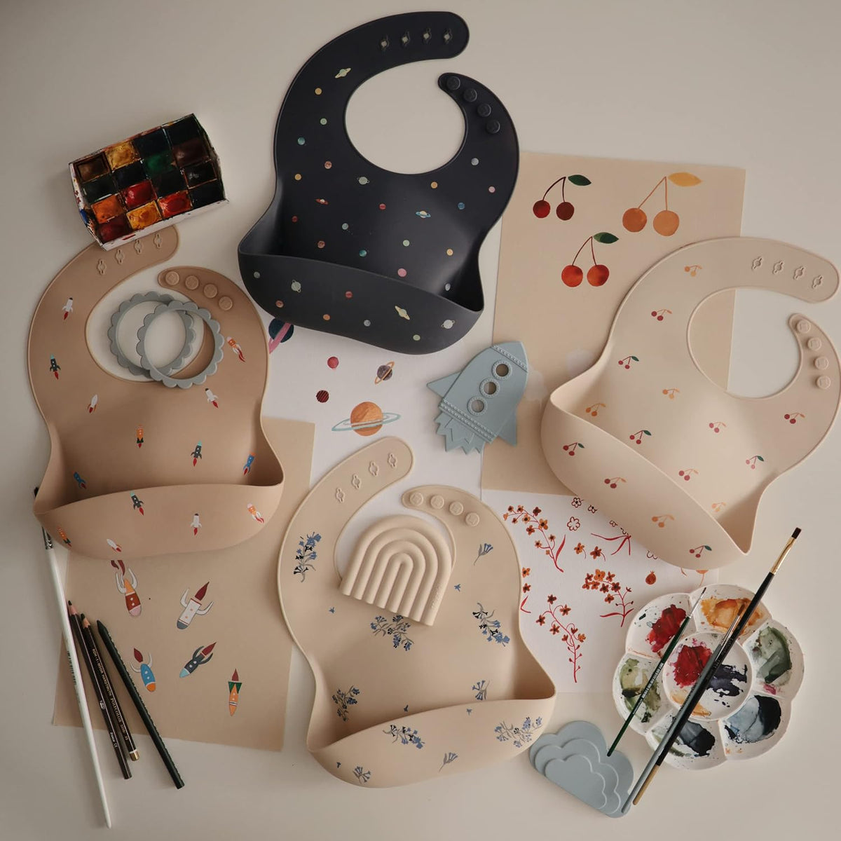Silicone Baby Bib | Adjustable Fit Waterproof Bibs (Whales) - Colors B