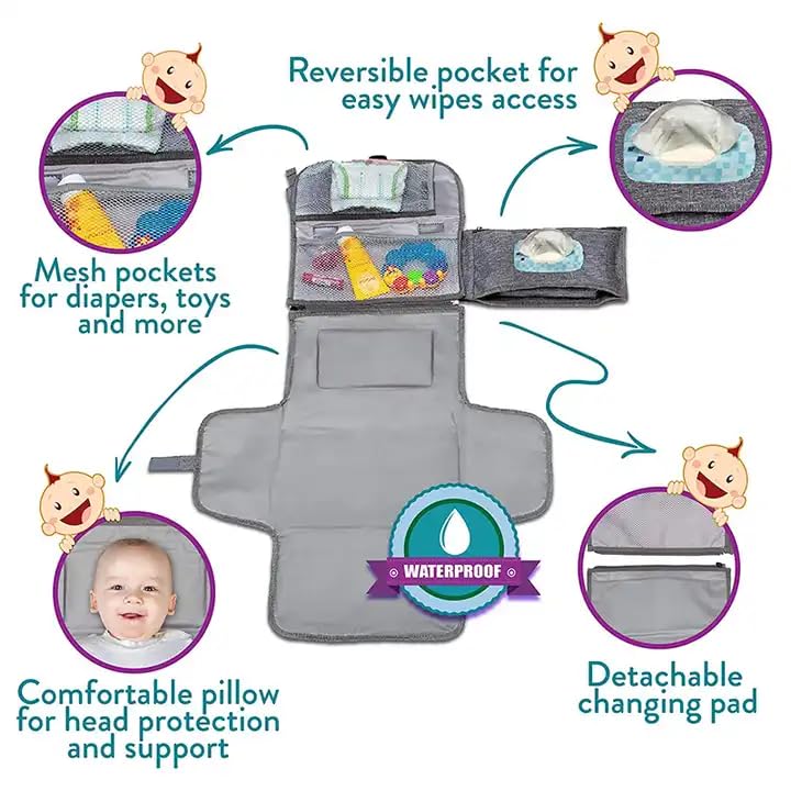 Portable Diaper Changing Pad for Newborn Girl & Boy Baby with Detachable Wipes Pockets &- Fully Padded & Waterproof Travel Changing kit for Baby