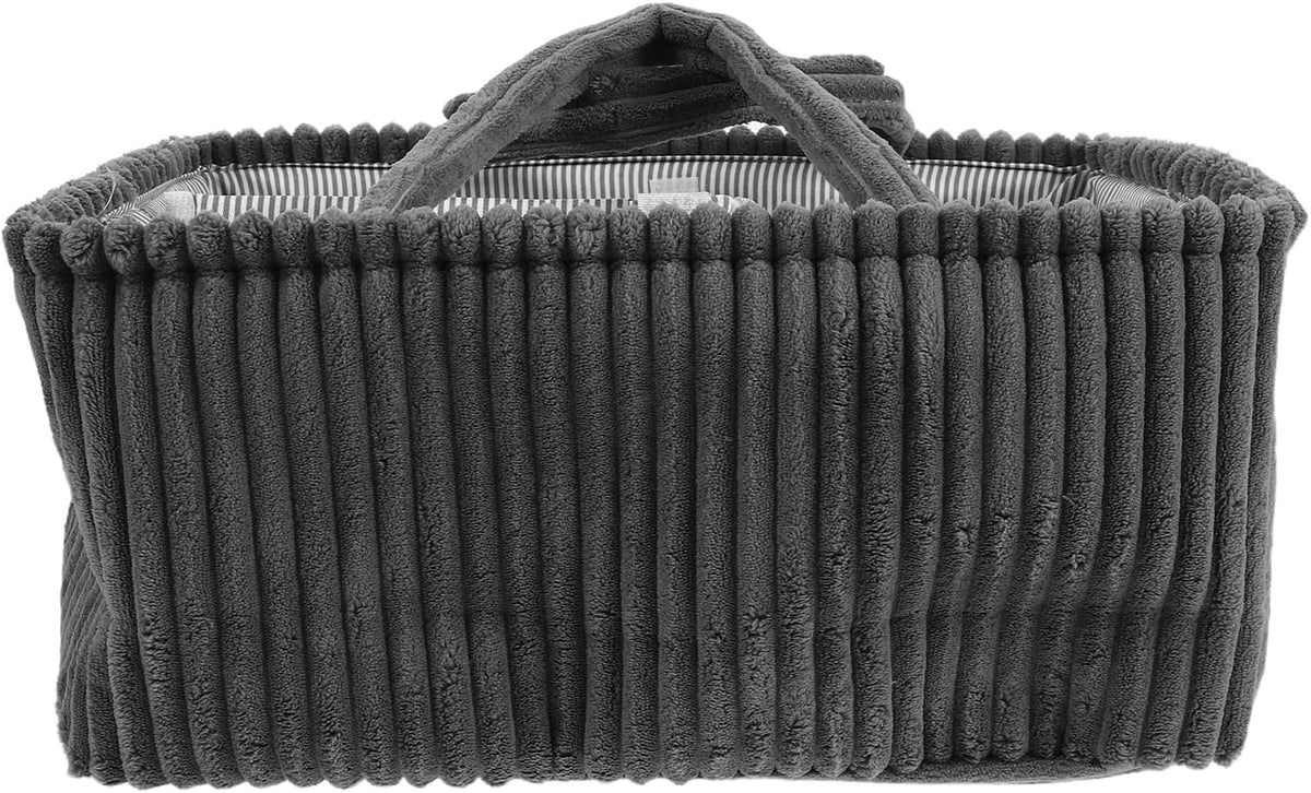 Portable Diaper Caddy Organizer with Handle and Removable Dividers, Gray Corduroy Rectangular Storage Basket for Nursery, Bathroom, and Household Items