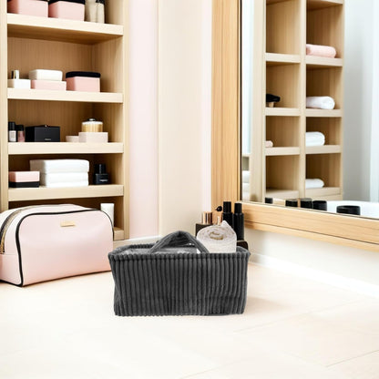 Portable Diaper Caddy Organizer with Handle and Removable Dividers, Gray Corduroy Rectangular Storage Basket for Nursery, Bathroom, and Household Items