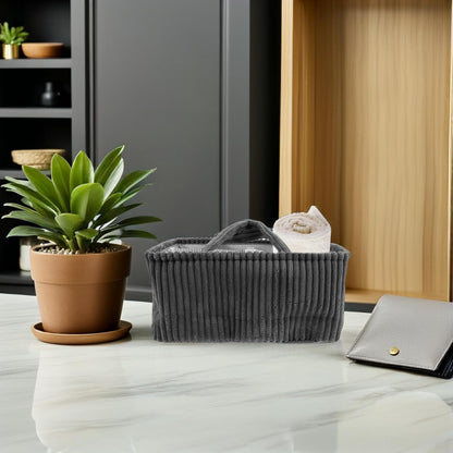 Portable Diaper Caddy Organizer with Handle and Removable Dividers, Gray Corduroy Rectangular Storage Basket for Nursery, Bathroom, and Household Items