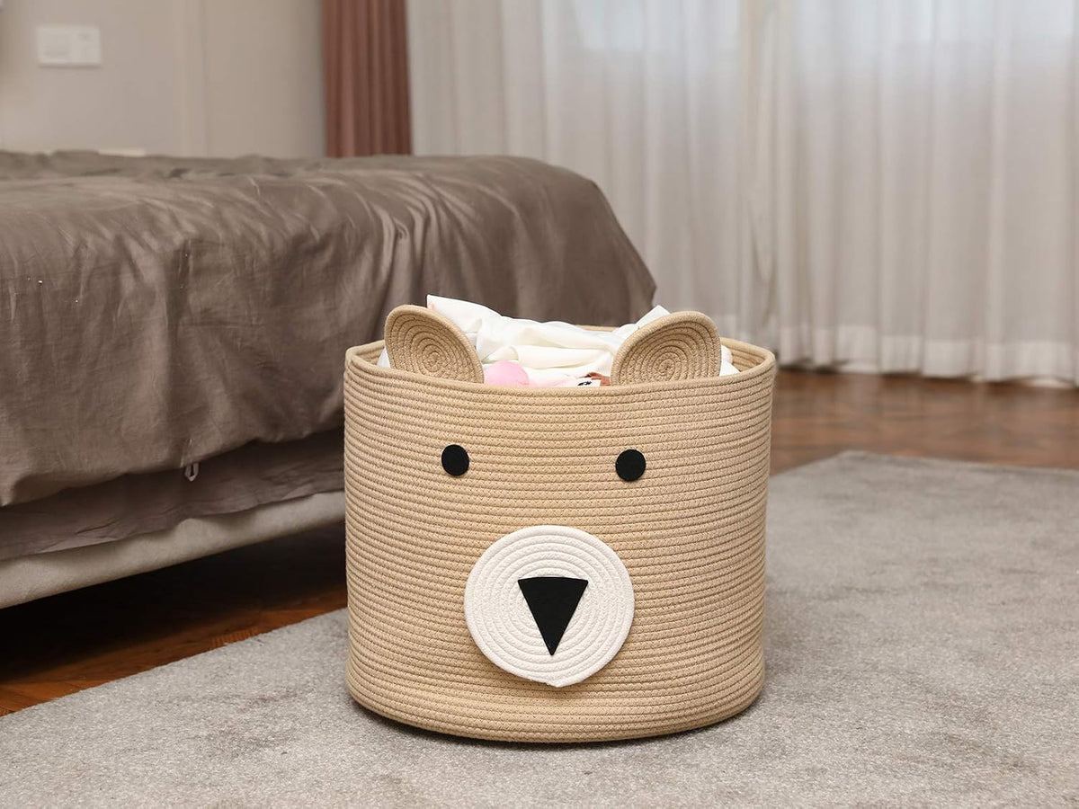 18x15 Inch Large Bear Basket, Open Cotton Rope Animal Storage Bin for Kids Bedroom Playroom, Handwoven Teddy Bear Decor, White