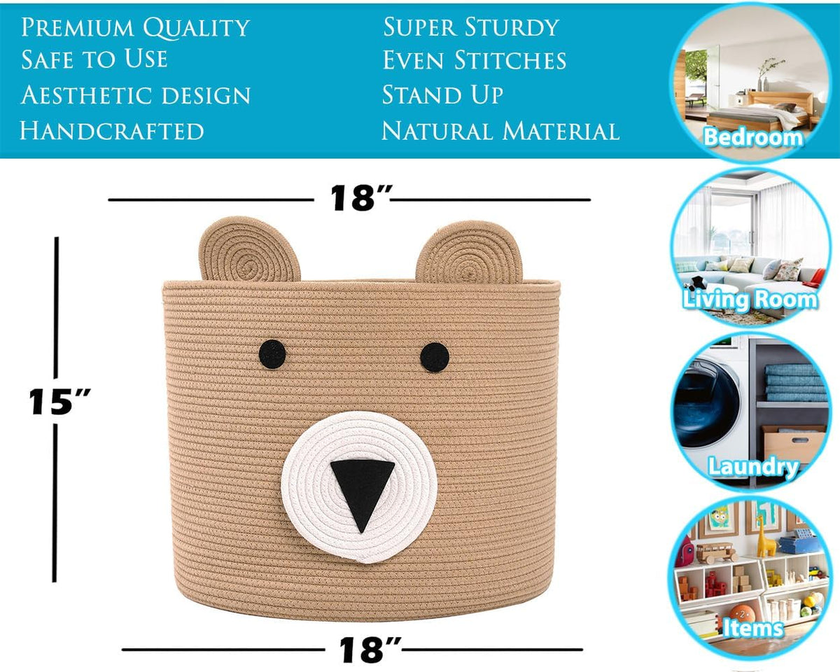 18x15 Inch Large Bear Basket, Open Cotton Rope Animal Storage Bin for Kids Bedroom Playroom, Handwoven Teddy Bear Decor, White