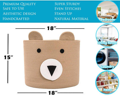 18x15 Inch Large Bear Basket, Open Cotton Rope Animal Storage Bin for Kids Bedroom Playroom, Handwoven Teddy Bear Decor, White