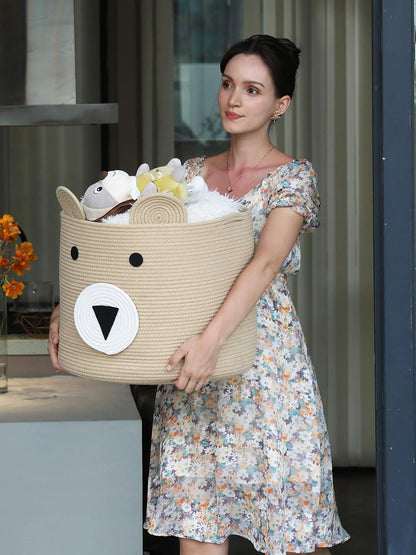 18x15 Inch Large Bear Basket, Open Cotton Rope Animal Storage Bin for Kids Bedroom Playroom, Handwoven Teddy Bear Decor, White
