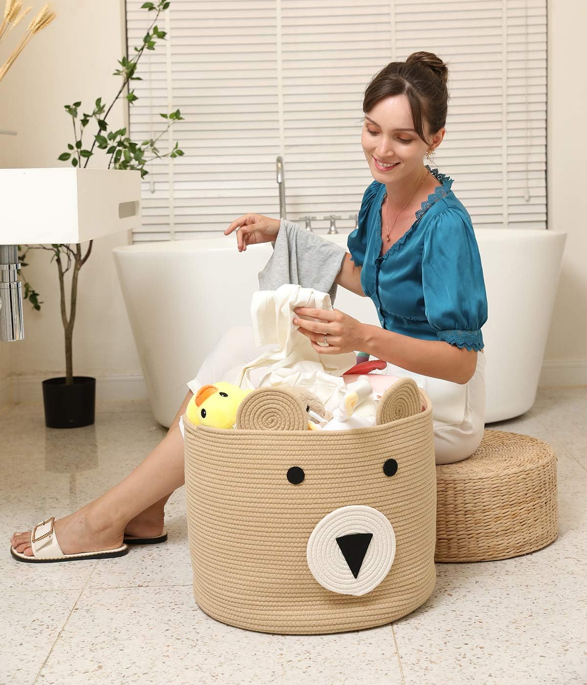 18x15 Inch Large Bear Basket, Open Cotton Rope Animal Storage Bin for Kids Bedroom Playroom, Handwoven Teddy Bear Decor, White