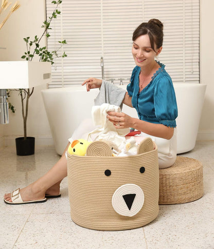 18x15 Inch Large Bear Basket, Open Cotton Rope Animal Storage Bin for Kids Bedroom Playroom, Handwoven Teddy Bear Decor, White