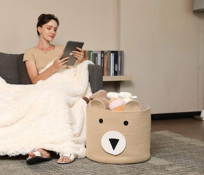 18x15 Inch Large Bear Basket, Open Cotton Rope Animal Storage Bin for Kids Bedroom Playroom, Handwoven Teddy Bear Decor, White