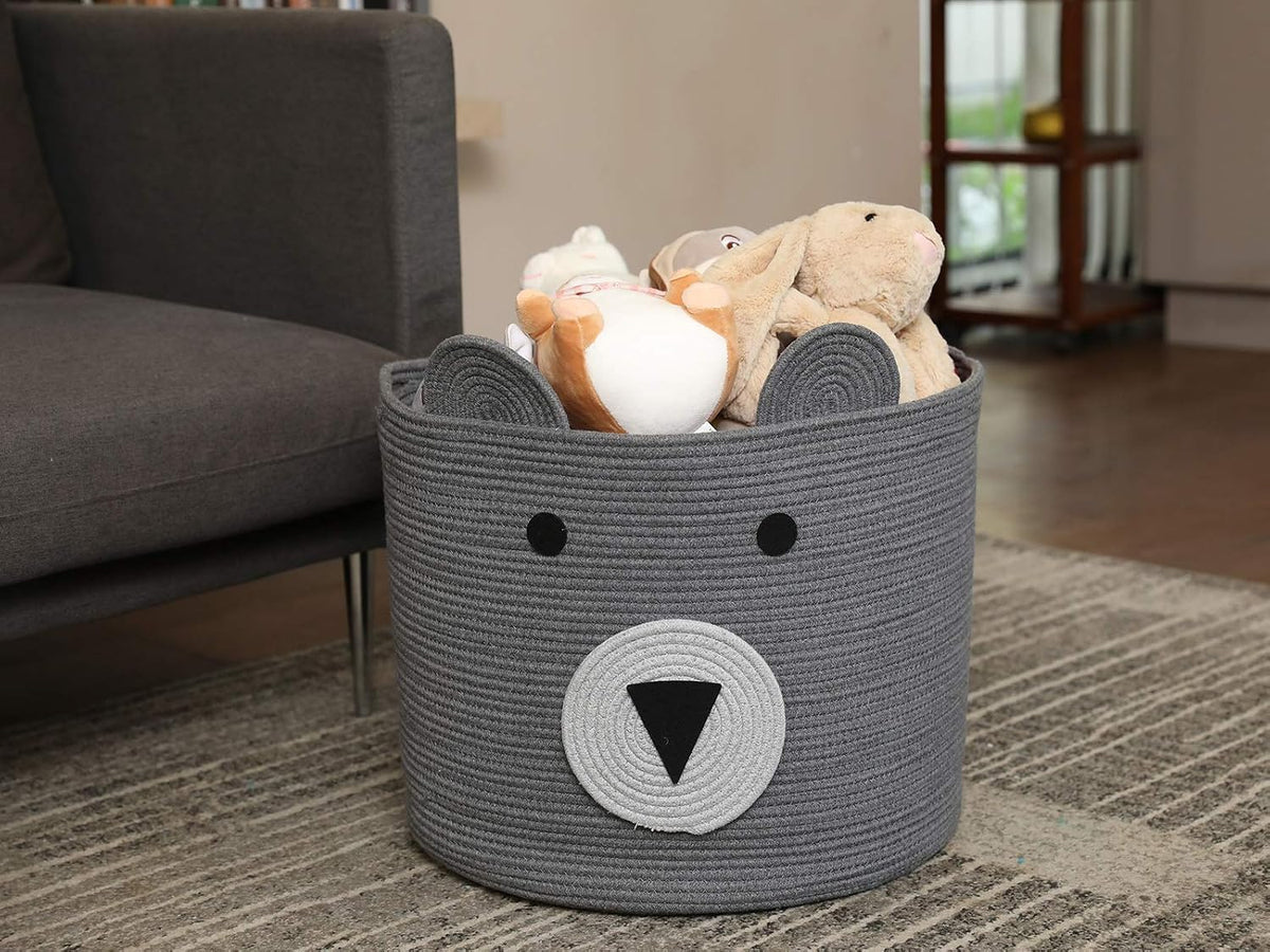 18x15 Inch Large Bear Basket, Open Cotton Rope Animal Storage Bin for Kids Bedroom Playroom, Handwoven Teddy Bear Decor, White