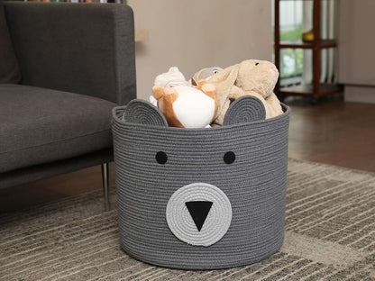 18x15 Inch Large Bear Basket, Open Cotton Rope Animal Storage Bin for Kids Bedroom Playroom, Handwoven Teddy Bear Decor, White
