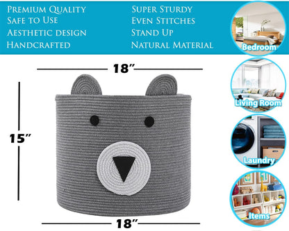 18x15 Inch Large Bear Basket, Open Cotton Rope Animal Storage Bin for Kids Bedroom Playroom, Handwoven Teddy Bear Decor, White