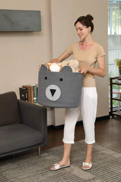 18x15 Inch Large Bear Basket, Open Cotton Rope Animal Storage Bin for Kids Bedroom Playroom, Handwoven Teddy Bear Decor, White
