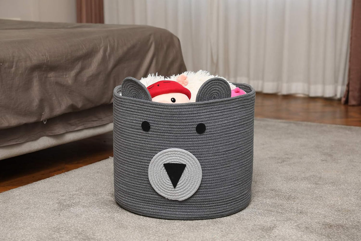 18x15 Inch Large Bear Basket, Open Cotton Rope Animal Storage Bin for Kids Bedroom Playroom, Handwoven Teddy Bear Decor, White