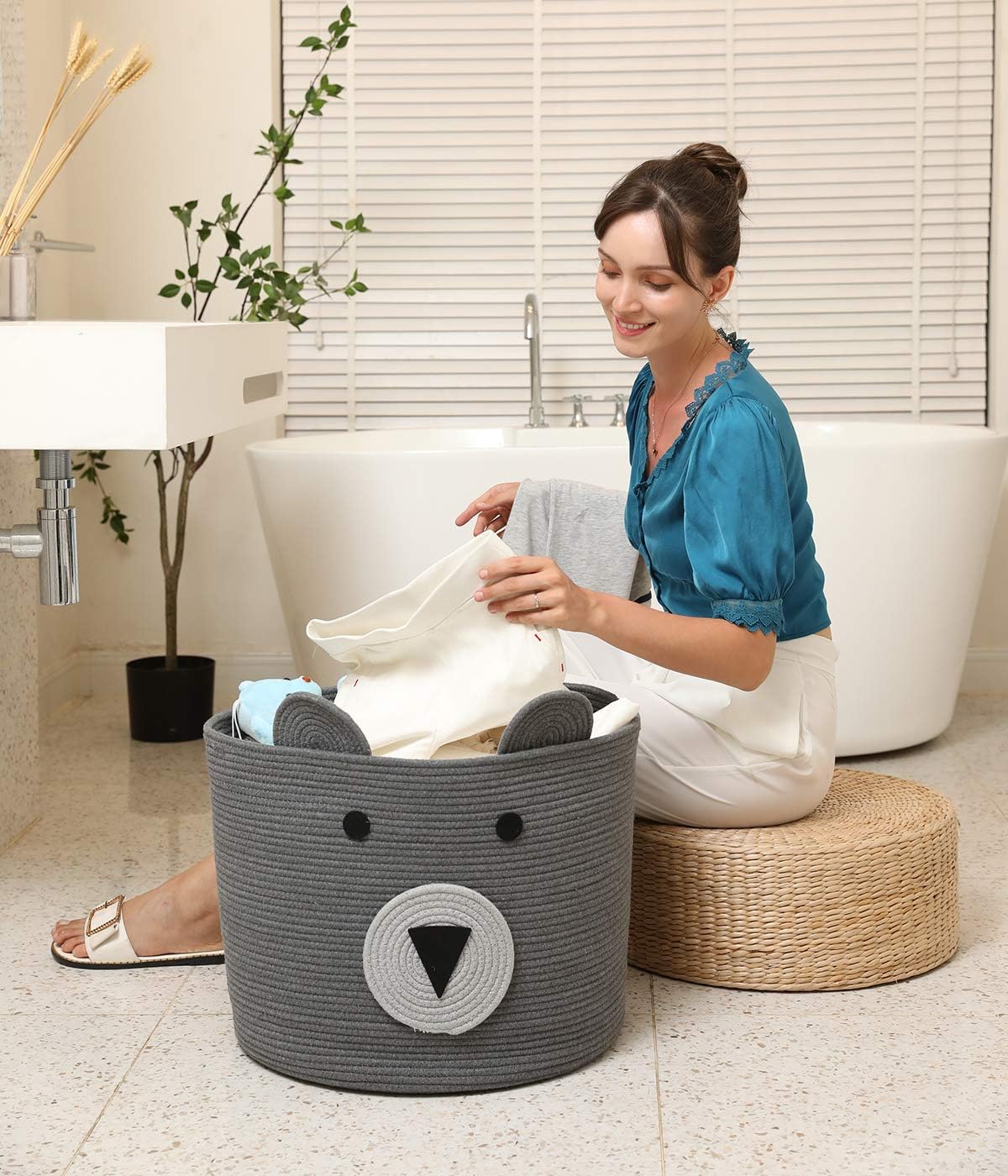 18x15 Inch Large Bear Basket, Open Cotton Rope Animal Storage Bin for Kids Bedroom Playroom, Handwoven Teddy Bear Decor, White