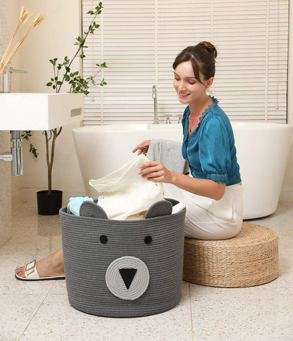 18x15 Inch Large Bear Basket, Open Cotton Rope Animal Storage Bin for Kids Bedroom Playroom, Handwoven Teddy Bear Decor, White