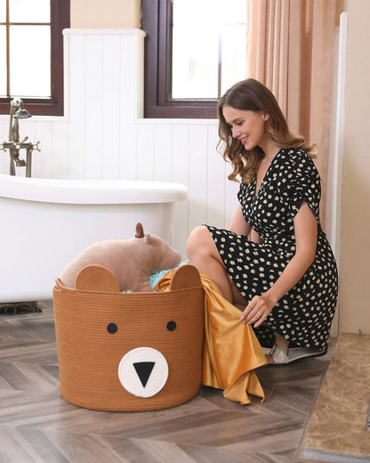 18x15 Inch Large Bear Basket, Open Cotton Rope Animal Storage Bin for Kids Bedroom Playroom, Handwoven Teddy Bear Decor, White