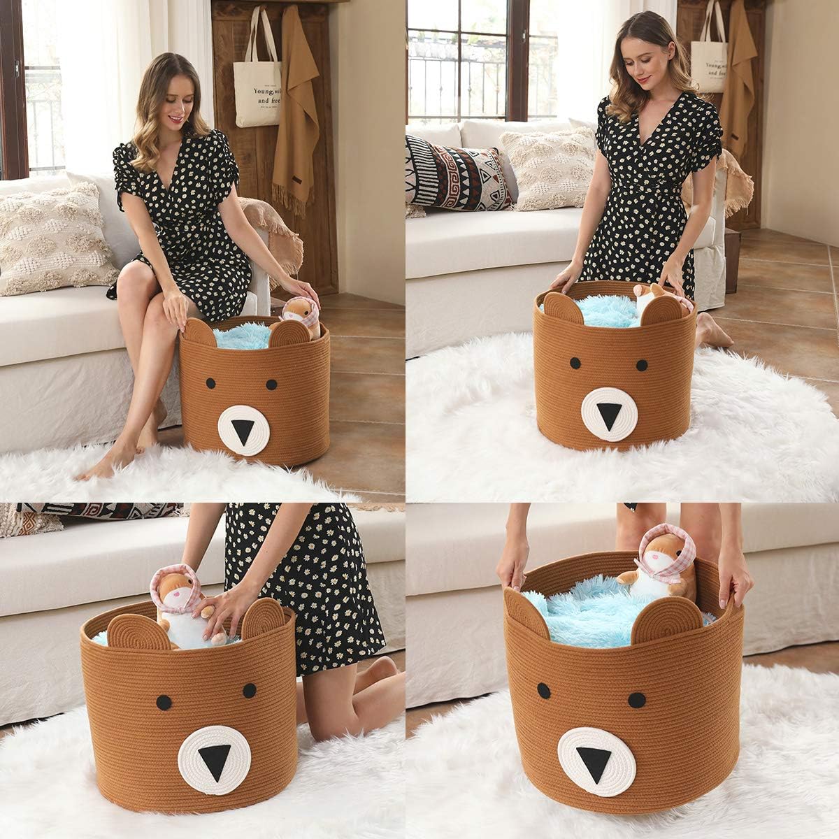 18x15 Inch Large Bear Basket, Open Cotton Rope Animal Storage Bin for Kids Bedroom Playroom, Handwoven Teddy Bear Decor, White