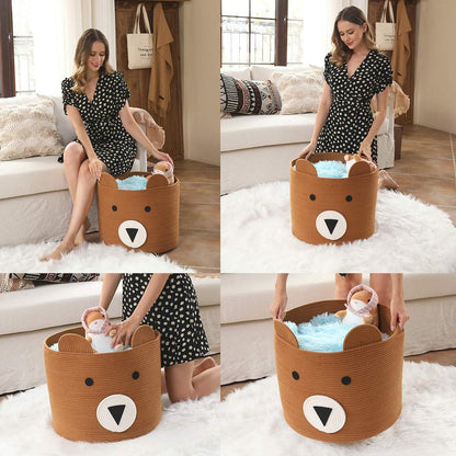 18x15 Inch Large Bear Basket, Open Cotton Rope Animal Storage Bin for Kids Bedroom Playroom, Handwoven Teddy Bear Decor, White