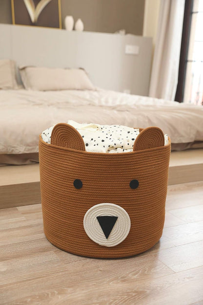 18x15 Inch Large Bear Basket, Open Cotton Rope Animal Storage Bin for Kids Bedroom Playroom, Handwoven Teddy Bear Decor, White