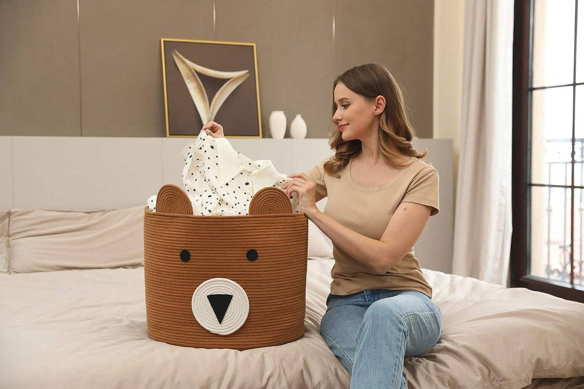18x15 Inch Large Bear Basket, Open Cotton Rope Animal Storage Bin for Kids Bedroom Playroom, Handwoven Teddy Bear Decor, White