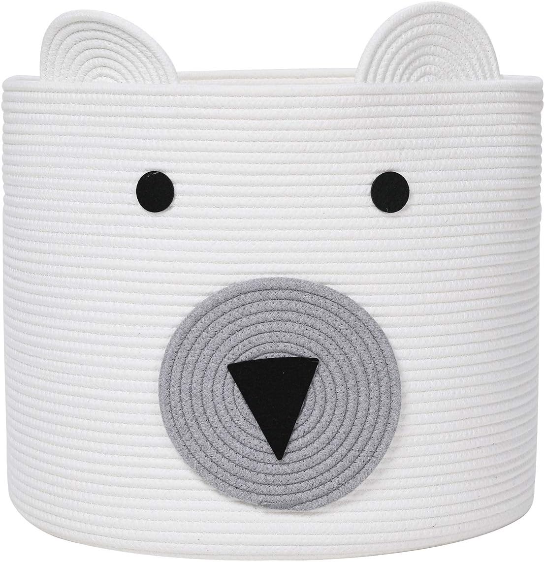 18x15 Inch Large Bear Basket, Open Cotton Rope Animal Storage Bin for Kids Bedroom Playroom, Handwoven Teddy Bear Decor, White