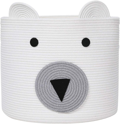 18x15 Inch Large Bear Basket, Open Cotton Rope Animal Storage Bin for Kids Bedroom Playroom, Handwoven Teddy Bear Decor, White