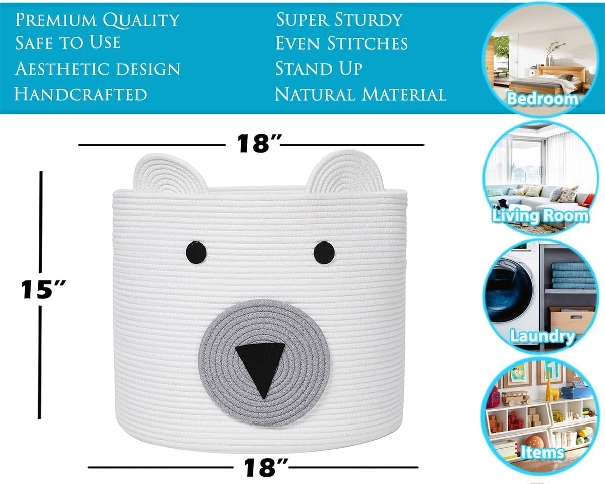 18x15 Inch Large Bear Basket, Open Cotton Rope Animal Storage Bin for Kids Bedroom Playroom, Handwoven Teddy Bear Decor, White
