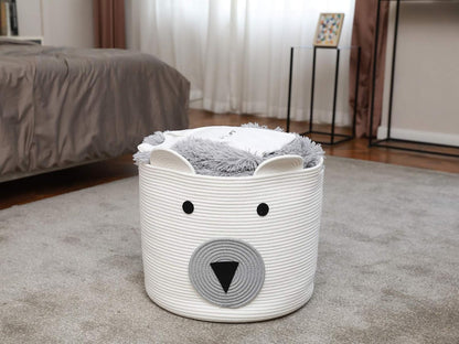 18x15 Inch Large Bear Basket, Open Cotton Rope Animal Storage Bin for Kids Bedroom Playroom, Handwoven Teddy Bear Decor, White