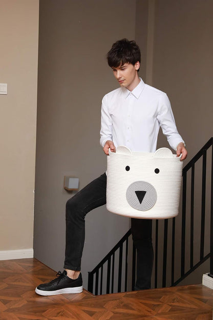 18x15 Inch Large Bear Basket, Open Cotton Rope Animal Storage Bin for Kids Bedroom Playroom, Handwoven Teddy Bear Decor, White