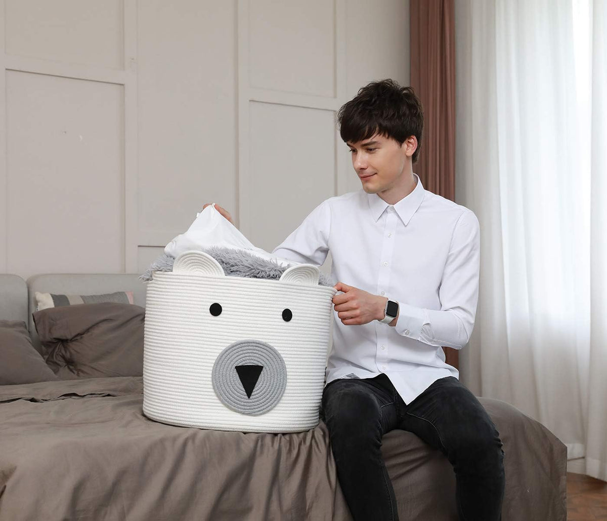 18x15 Inch Large Bear Basket, Open Cotton Rope Animal Storage Bin for Kids Bedroom Playroom, Handwoven Teddy Bear Decor, White