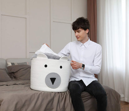 18x15 Inch Large Bear Basket, Open Cotton Rope Animal Storage Bin for Kids Bedroom Playroom, Handwoven Teddy Bear Decor, White